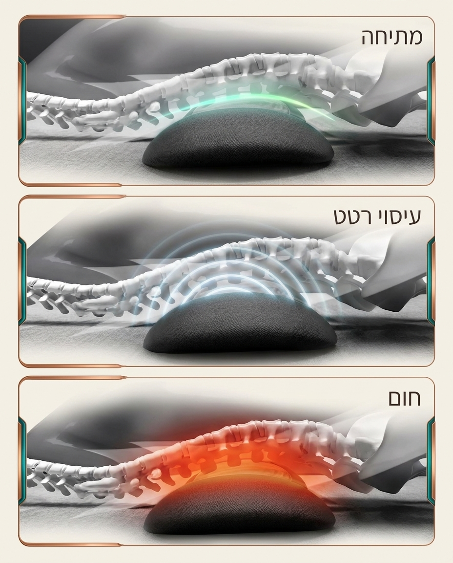 שלוש הפעולות של הכרית — מתיחה, עיסוי רטט וחום (המחשת רנטגן)